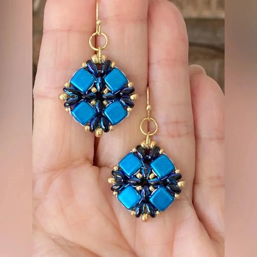 Handmade Unique Blue & Gold Czech Glass Bead Earrings